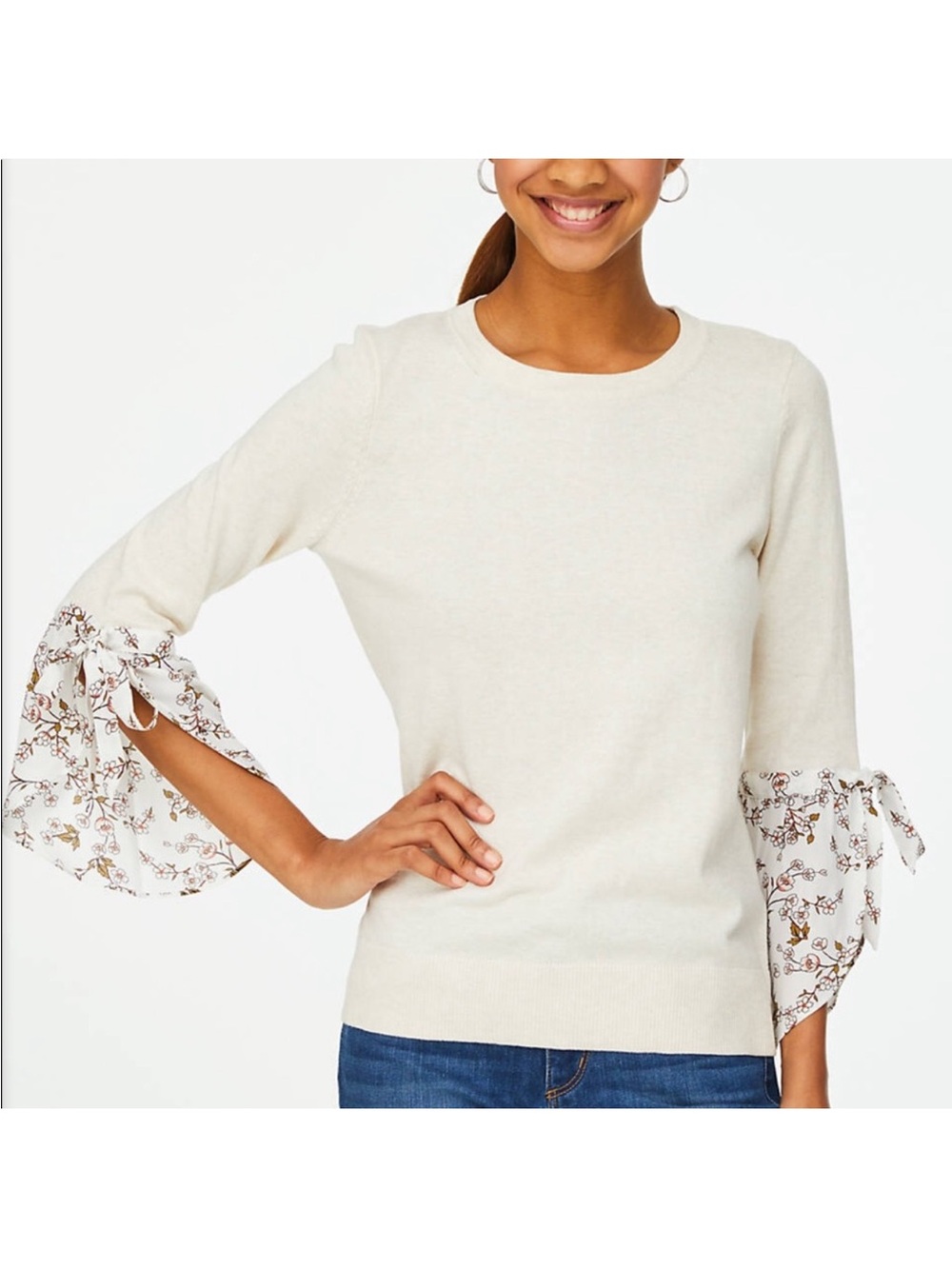 Loft Mixed Floral Mixed Media Tie Cuff Sweater